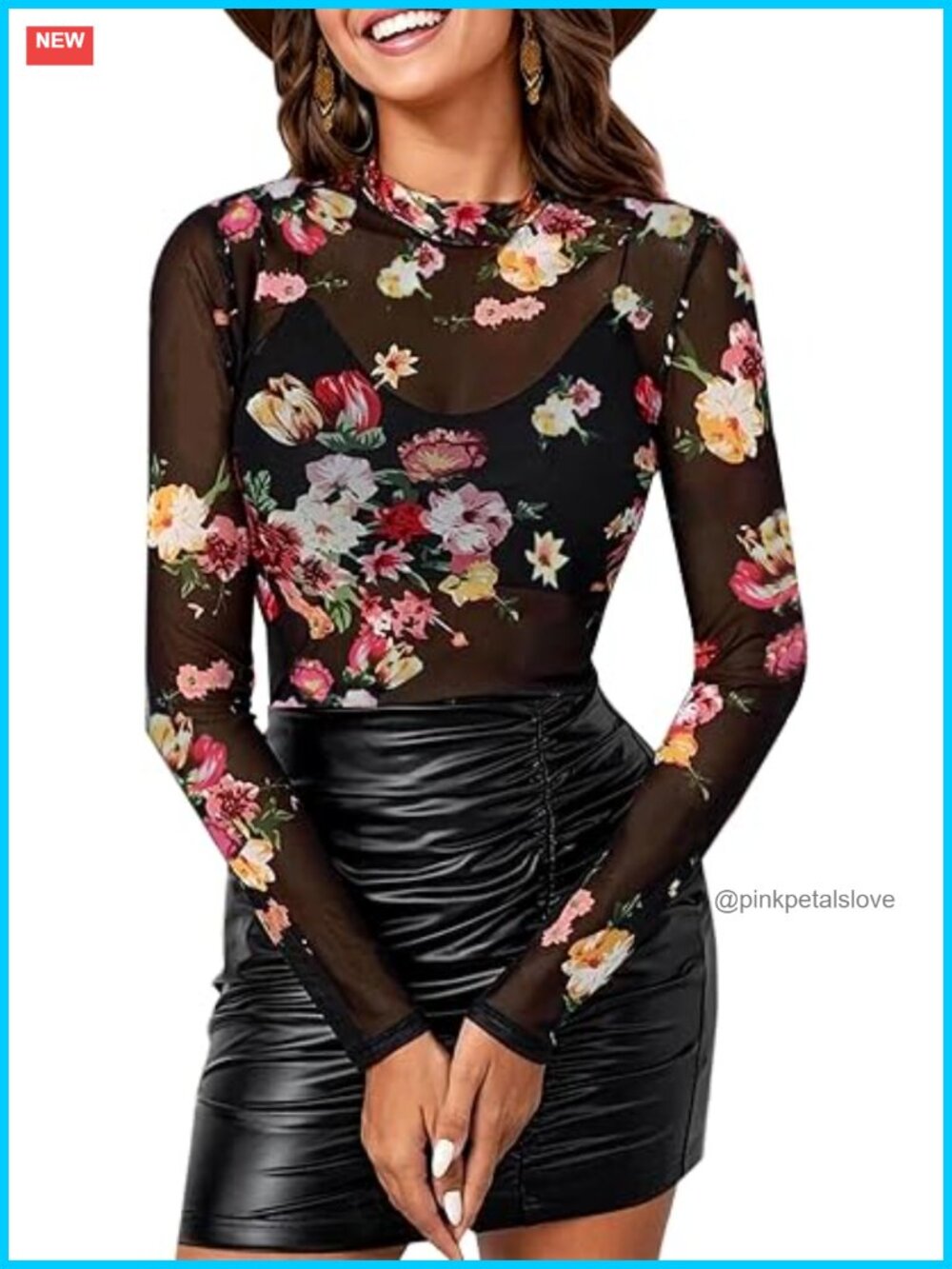 Floral Mesh Long Sleeve Mock Neck See Through Fitted Sexy Going Out Top